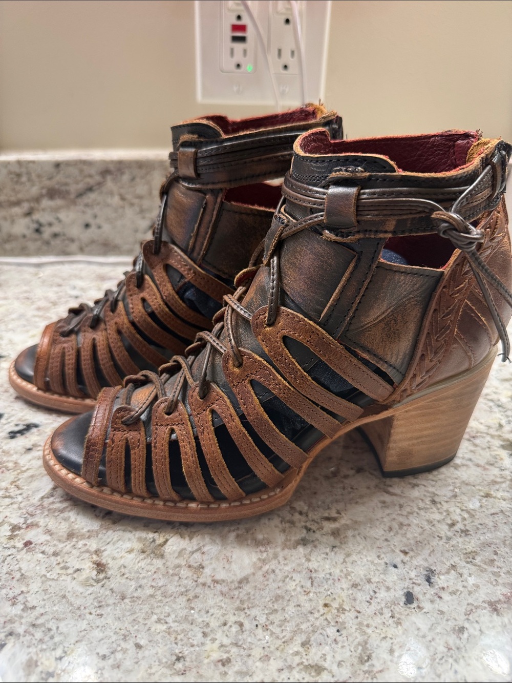 freebird Brown Cutout Leather Block Heel Sandals